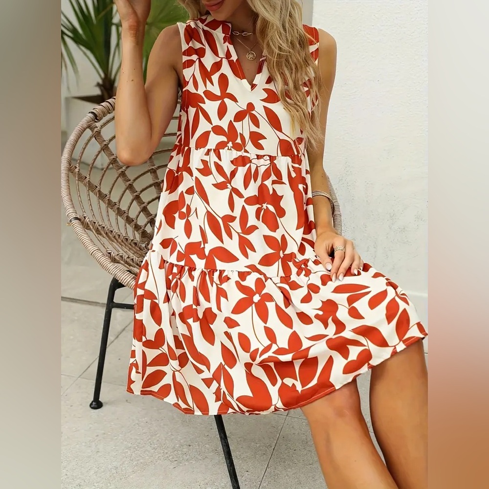 Sleeveless Rust Floral Tiered Dress - Women Sizs XL